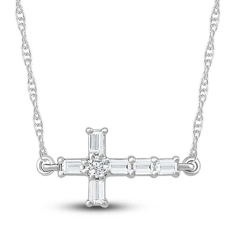 Main Image 1 of Diamond Cross Necklace 1/15 ct tw Round & Baguette Sterling Silver 18&quot;