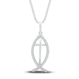 Diamond Ichthys Necklace 1/10 ct tw Round-cut Sterling Silver 18"