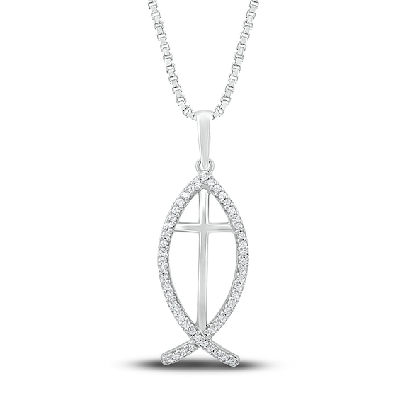 Diamond Ichthys Necklace 1/10 ct tw Round-cut Sterling Silver 18"