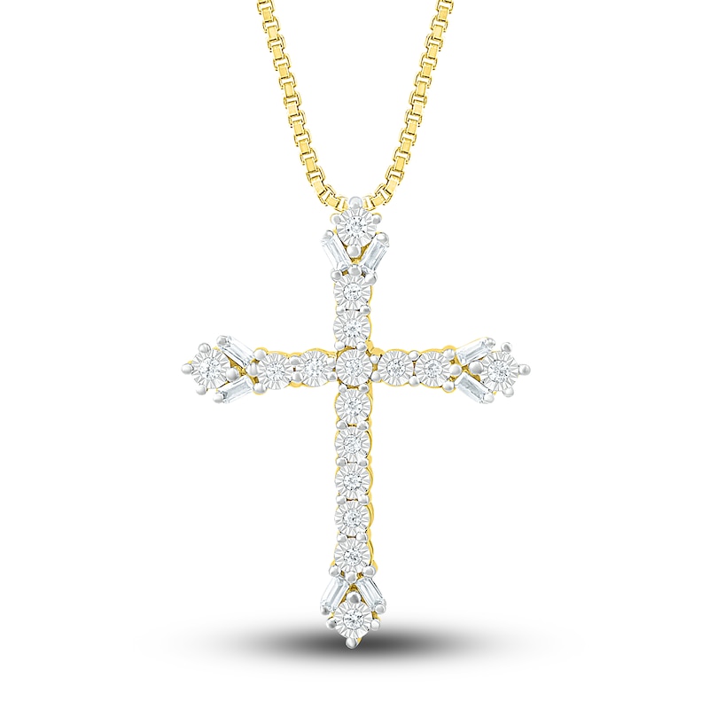 Main Image 1 of Diamond Cross Necklace 1/6 ct tw Round & Baguette 10K Yellow Gold 18&quot;