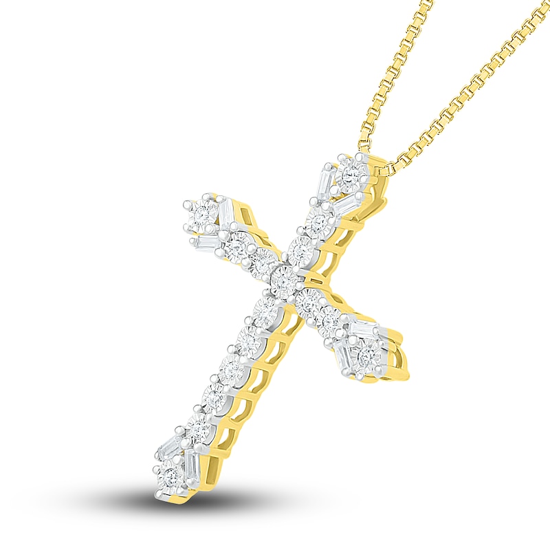 Main Image 2 of Diamond Cross Necklace 1/6 ct tw Round & Baguette 10K Yellow Gold 18&quot;