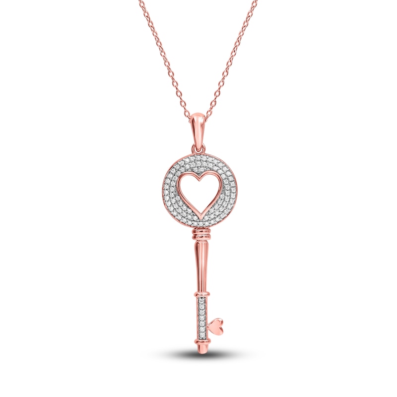 Main Image 1 of Diamond Heart & Key Necklace 1/4 ct tw Round-cut 10K Rose Gold 18&quot;
