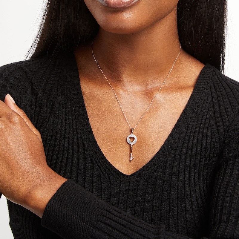 Main Image 2 of Diamond Heart & Key Necklace 1/4 ct tw Round-cut 10K Rose Gold 18&quot;