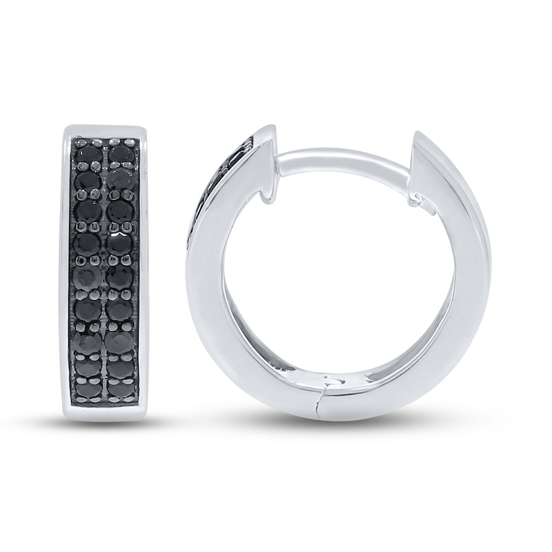 Main Image 1 of Men's Black Diamond Huggie Hoop Earrings 1/3 ct tw Round-cut 10K White Gold