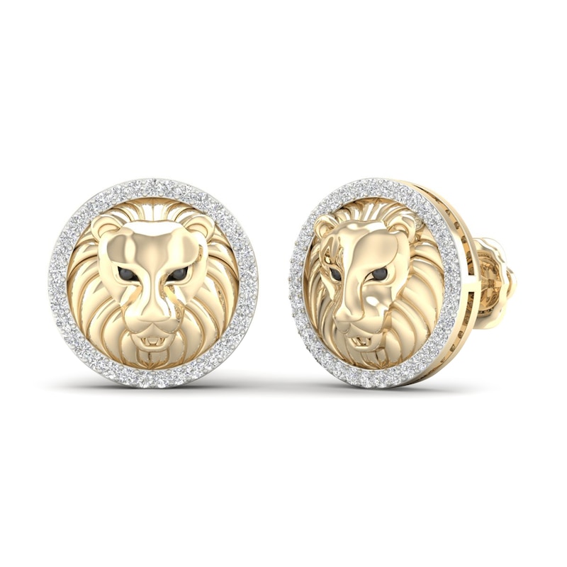 Men's Black & White Diamond Lion Stud Earrings 1/5 ct tw Round-cut 10K  Yellow Gold