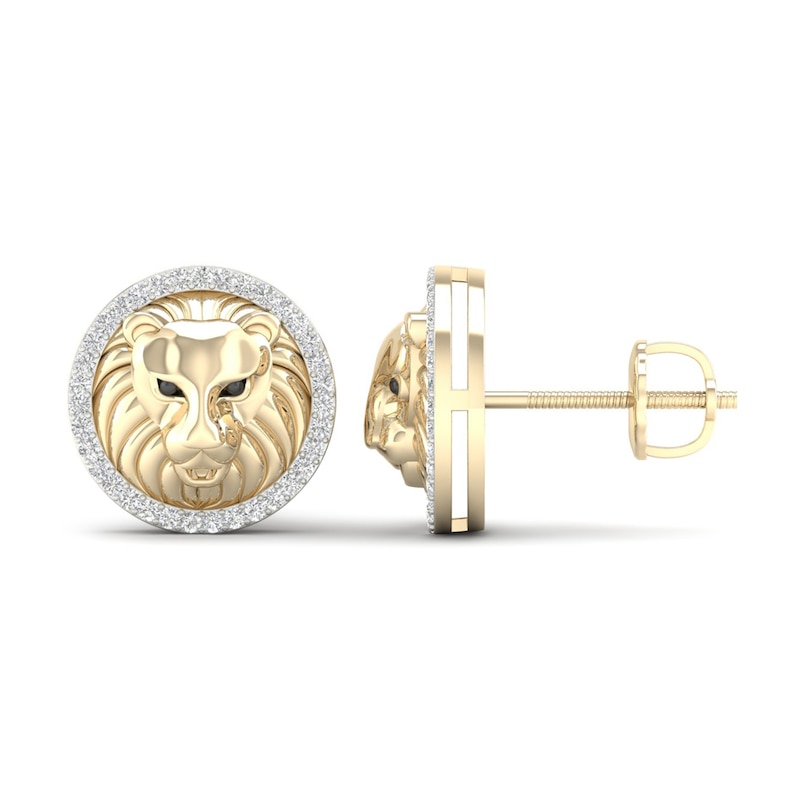 Main Image 2 of Men's Diamond Lion Stud Earrings 1/5 ct tw Round-cut 10K Yellow Gold