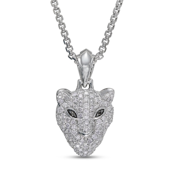 Men's Black & White Diamond Panther Necklace 7/8 ct tw Round-cut 10K White Gold 22"