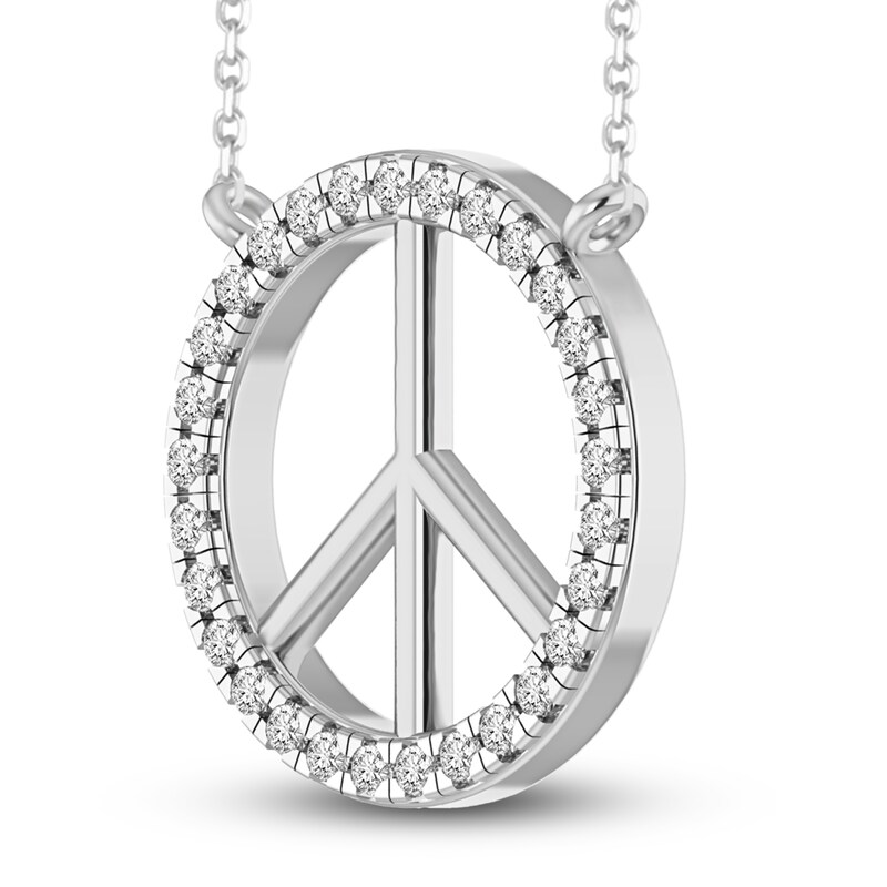 Diamond Peace Sign Necklace 1/6 ct tw Round-cut 10K White Gold 18"