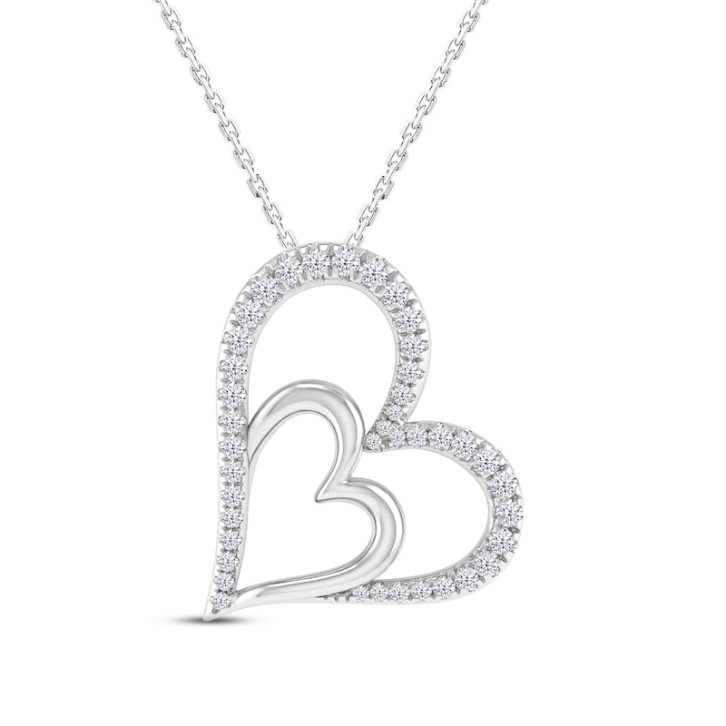 Main Image 1 of Diamond Double Heart Necklace 1/3 ct tw Round-cut Sterling Silver 18&quot;