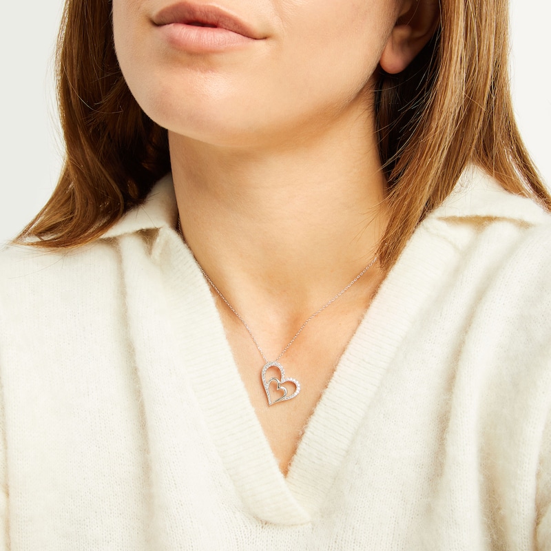 Main Image 2 of Diamond Double Heart Necklace 1/3 ct tw Round-cut Sterling Silver 18&quot;
