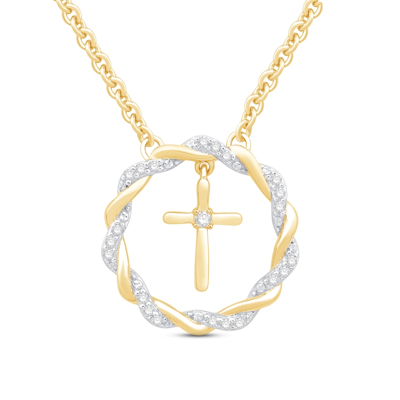 Circle of Gratitude Diamond Cross Necklace 1/10 ct tw Round-cut 10K Yellow Gold with 360