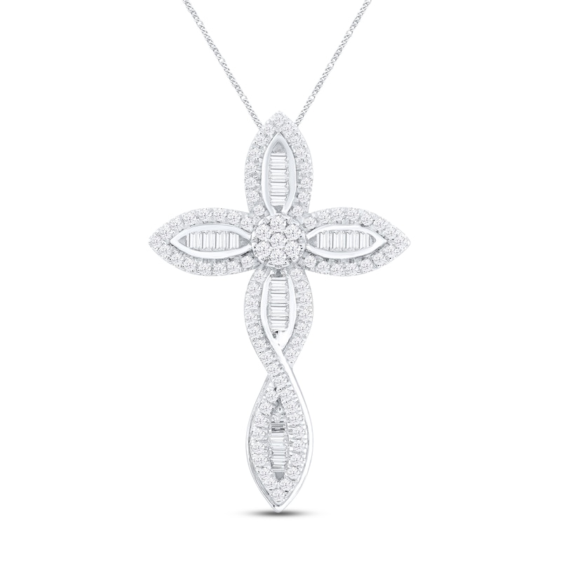 Main Image 1 of Diamond Cross Necklace 1/3 ct tw Baguette & Round-cut Sterling Silver 19&quot;