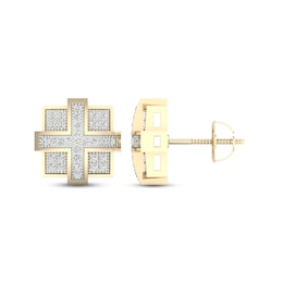 Men's Diamond Square Cross Stud Earrings 1/5 ct tw Round-cut 10K Yellow Gold