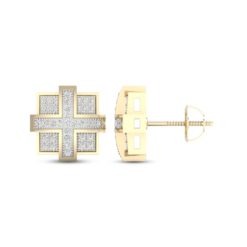 Main Image 1 of Men's Diamond Square Cross Stud Earrings 1/5 ct tw Round-cut 10K Yellow Gold