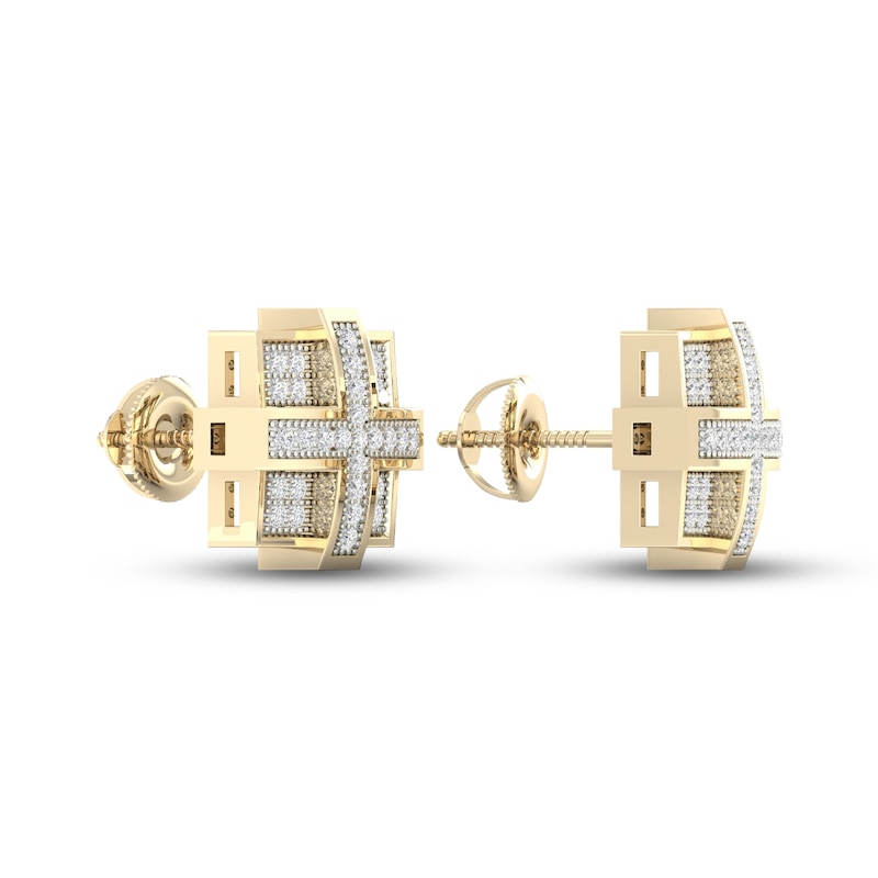 Main Image 2 of Men's Diamond Square Cross Stud Earrings 1/5 ct tw Round-cut 10K Yellow Gold