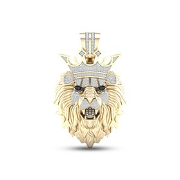Men's Black & White Diamond Lion Crown Pendant 1/2 ct tw Round-cut 10K Yellow Gold