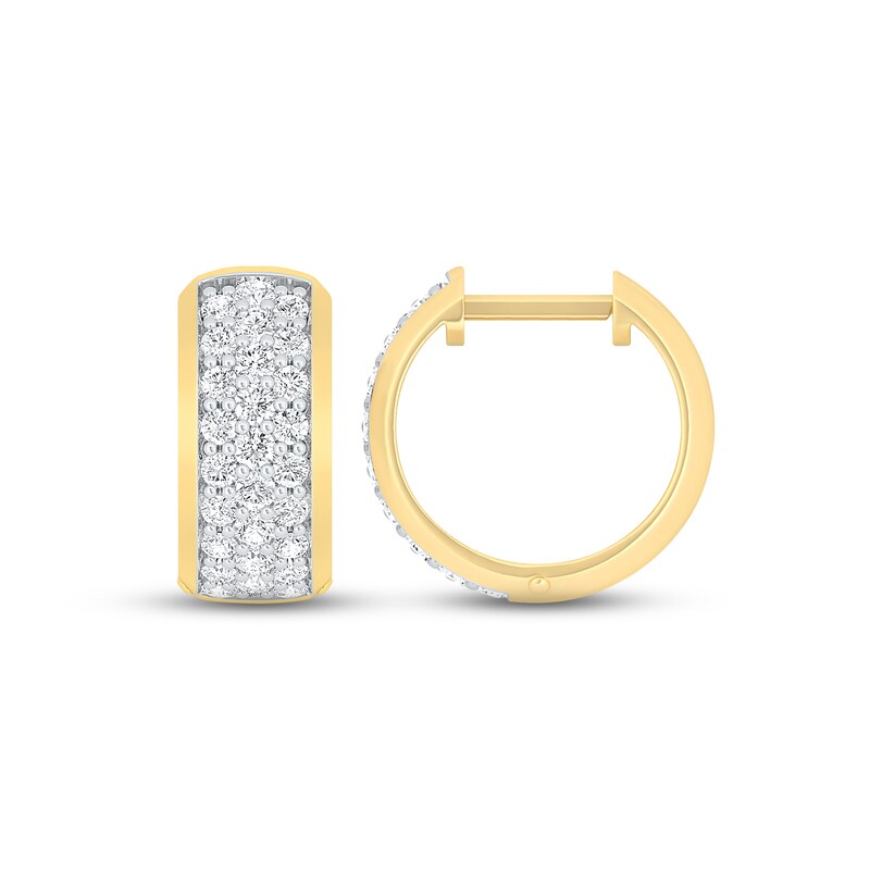 Main Image 1 of Men's Three-Row Huggie Hoop Earrings 1 ct tw Round-cut 10K Yellow Gold