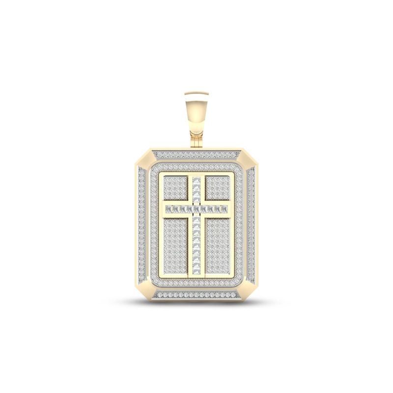 Men's Diamond Cross Dog Tag Pendant 1 ct tw Round & Baguette-cut 10K Yellow Gold