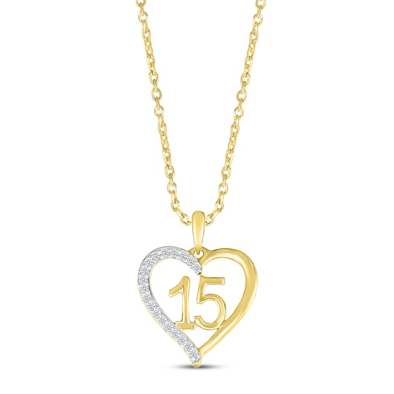 Diamond Quinceañera Heart Necklace 1/10 ct tw Round-cut 10K Yellow Gold 18"