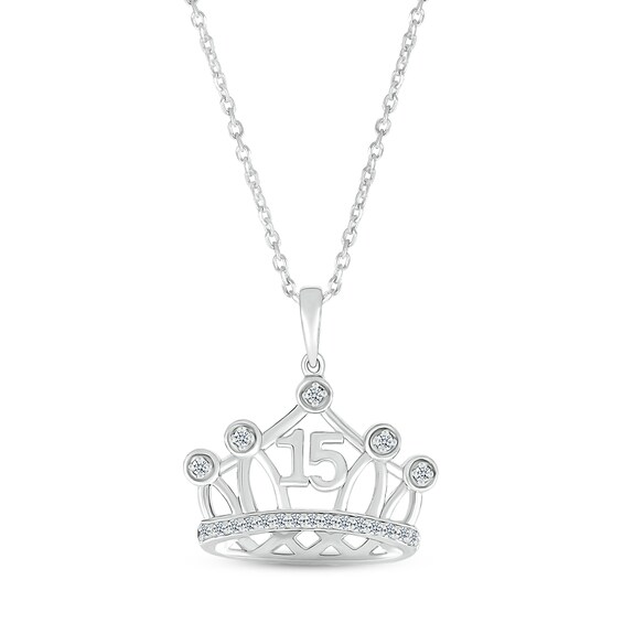 Diamond Quinceañera Crown Necklace 1/10 ct tw Round-cut 10K White Gold 18"