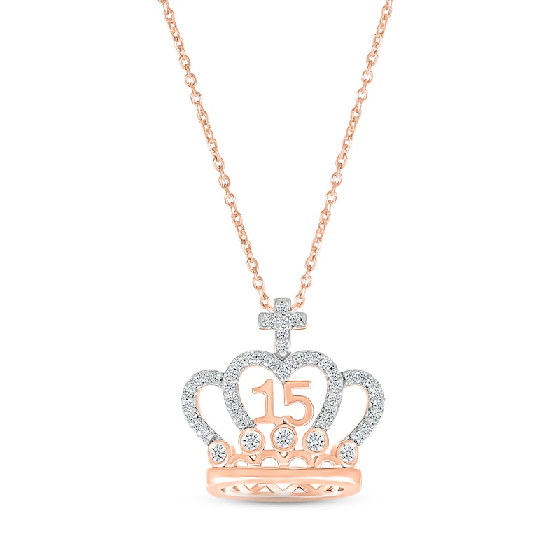 Main Image 1 of Diamond Quinceañera Crown Cross Necklace 1/5 ct tw Round-cut 10K Rose Gold 18&quot;