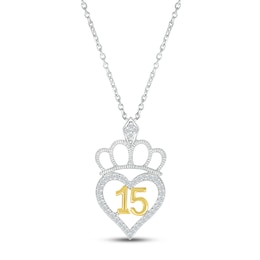 Diamond Quinceañera Tiara Heart Necklace 1/5 ct tw Round-cut Sterling Silver & 10K Yellow Gold 18"