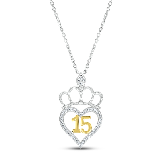 Diamond Quinceañera Tiara Heart Necklace 1/5 ct tw Round-cut Sterling Silver & 10K Yellow Gold 18"