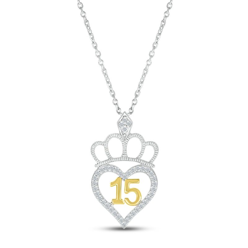 Diamond Quinceañera Tiara Heart Necklace 1/5 ct tw Round-cut Sterling Silver & 10K Yellow Gold 18"