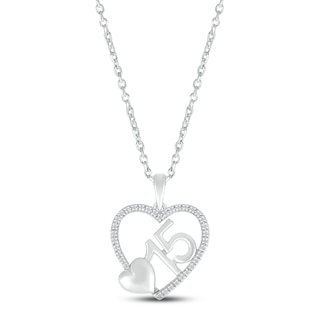 Diamond Quinceañera Heart Necklace 1/15 ct tw Round-cut Sterling Silver 18"