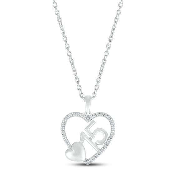 Diamond Quinceañera Heart Necklace 1/15 ct tw Round-cut Sterling Silver 18"