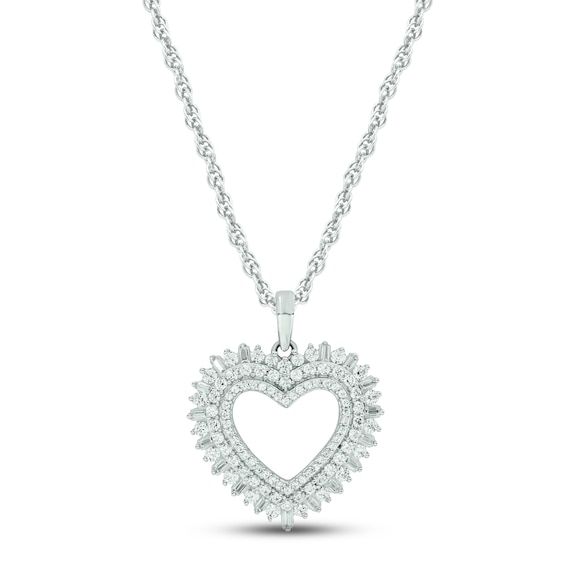 Diamond Heart Necklace 3/4 ct tw Round & Baguette-cut 10K White Gold 18"