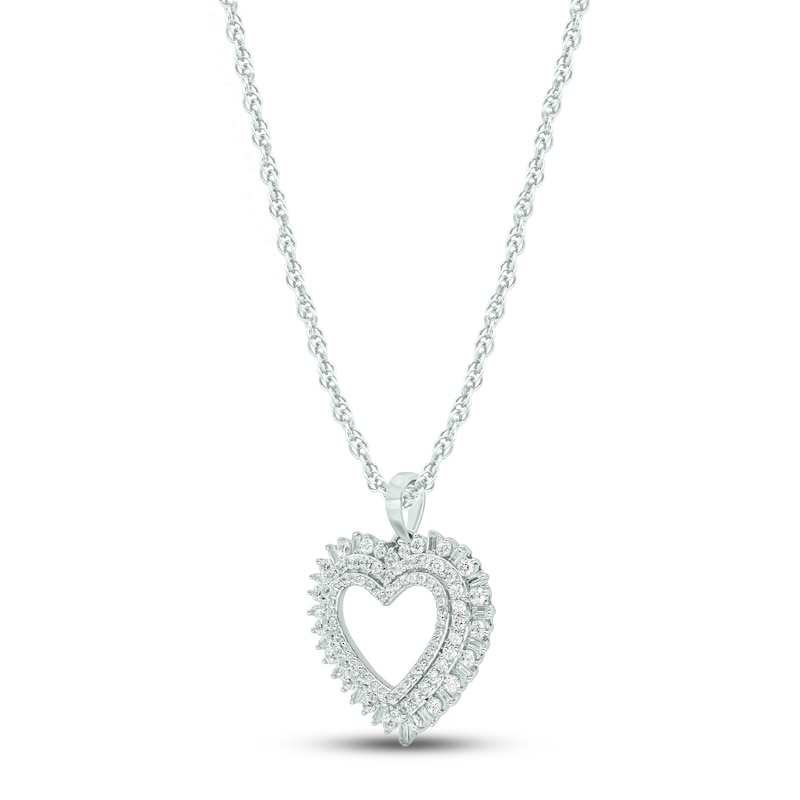 Main Image 2 of Diamond Heart Necklace 3/4 ct tw Round & Baguette-cut 10K White Gold 18&quot;