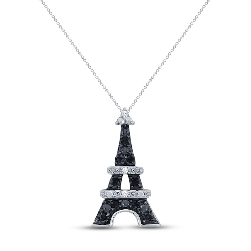 Main Image 1 of Black & White Diamond Eiffel Tower Necklace 1/10 ct tw Round-cut Sterling Silver 18&quot;