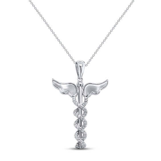 Diamond Caduceus Necklace 1/6 ct tw Round-cut Sterling Silver 18"