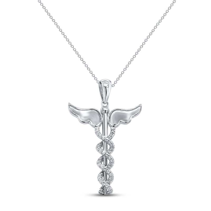 Diamond Caduceus Necklace 1/6 ct tw Round-cut Sterling Silver 18"