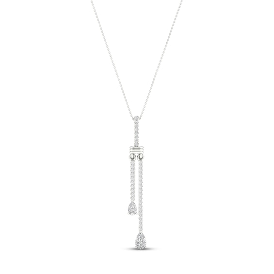 Diamond Double Drop Necklace 1/2 ct tw Pear & Round-cut 14K White Gold 18"