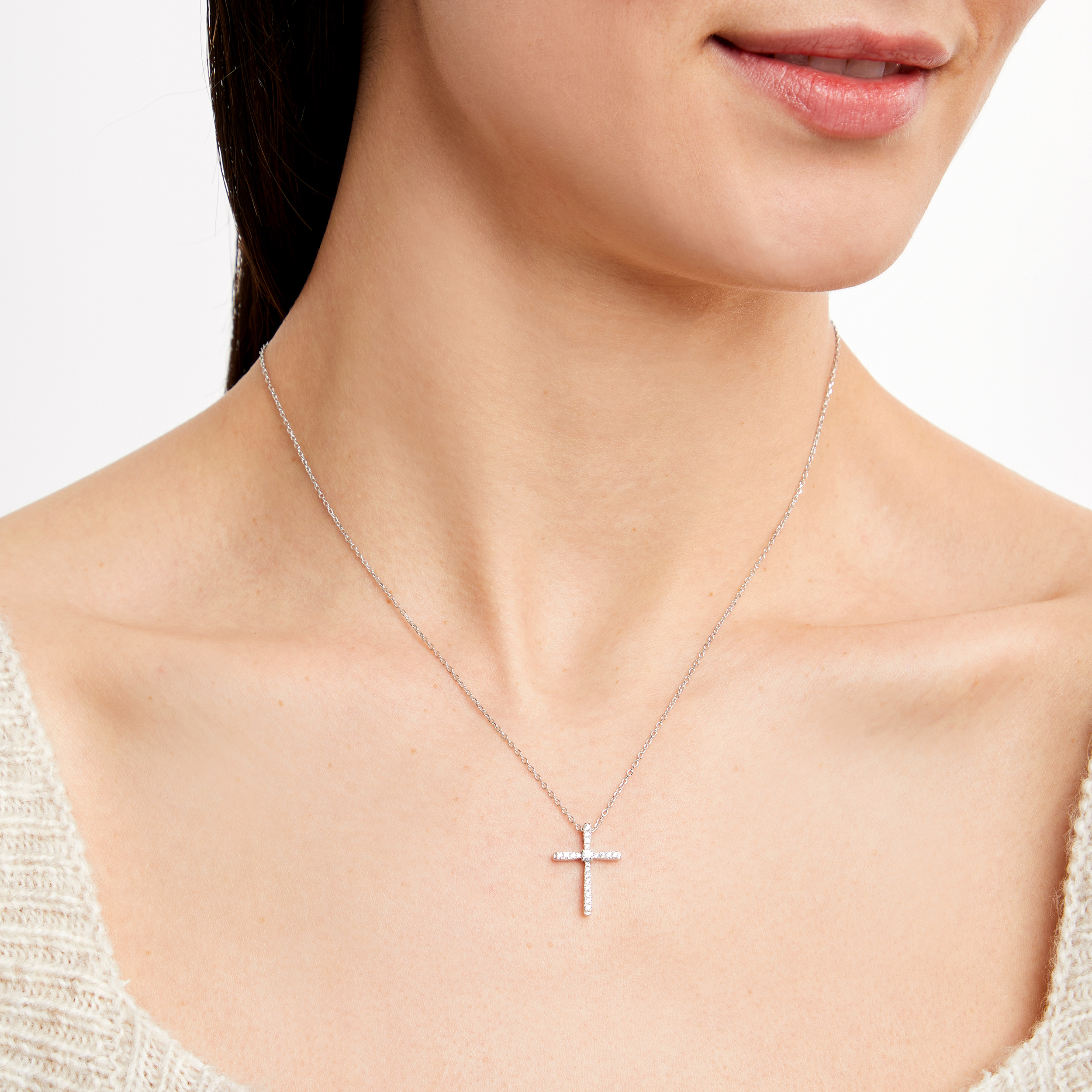 Main Image 3 of Diamond Tapered Cross Necklace 1/5 ct tw Round-cut 10K White Gold 18&quot;