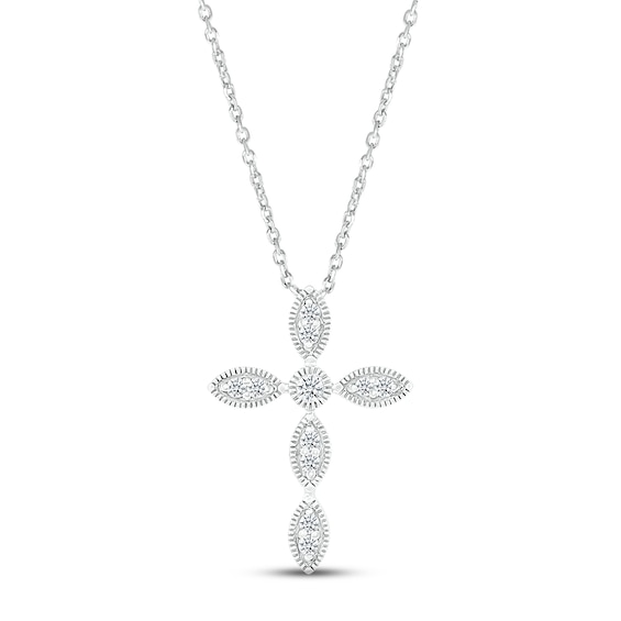 Milgrain Cross Necklace 1/8 ct tw Round-cut 10K White Gold 18"