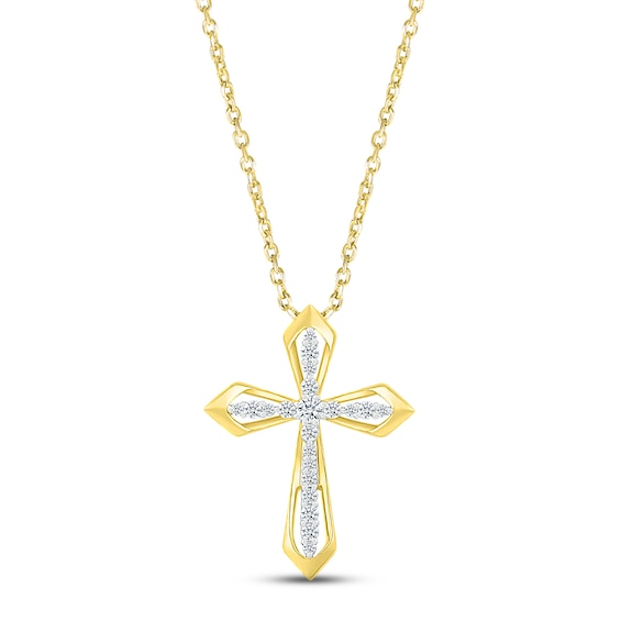 Diamond Double Cross Necklace 1/4 ct tw Round-cut 10K Yellow Gold 18"