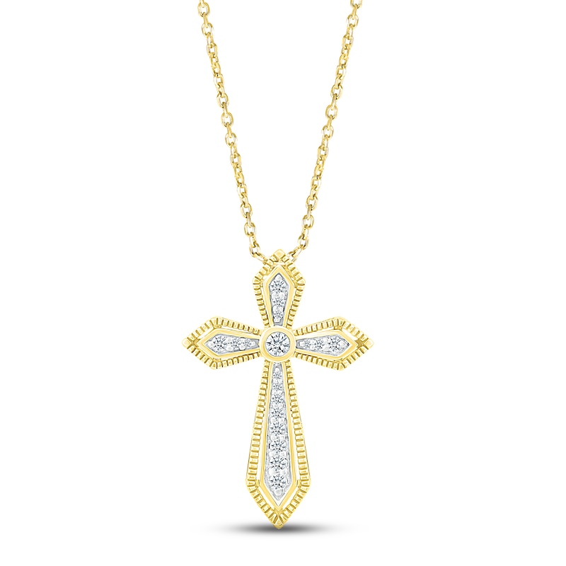 Diamond Milgrain Cross Necklace 1/8 ct tw Round-cut 10K Yellow Gold 18"