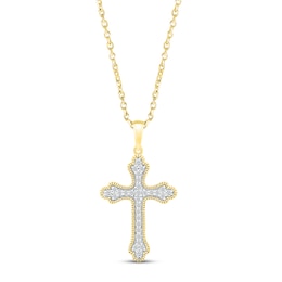 Diamond Milgrain Scalloped Cross Necklace 1/6 ct tw Round-cut 10K Yellow Gold 18"