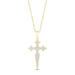 Diamond Dagger Cross Necklace 1/6 ct tw Round-cut 10K Yellow Gold 18"
