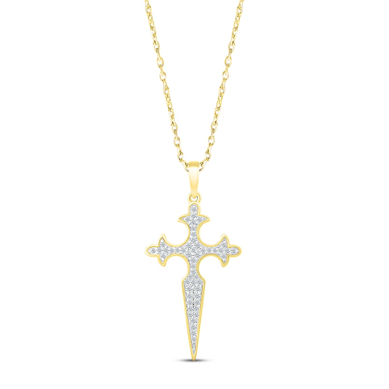 Diamond Dagger Cross Necklace 1/6 ct tw Round-cut 10K Yellow Gold 18"