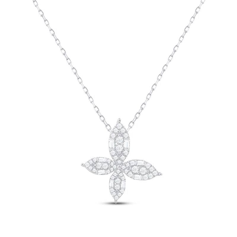 Diamond Flower Necklace 1/4 ct tw Round & Baguette-cut Sterling Silver 18"