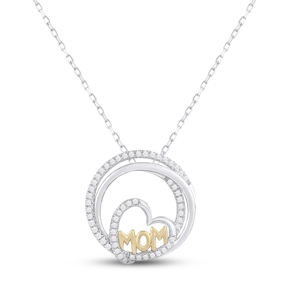Diamond "Mom" Heart Circle Necklace 1/6 ct tw Round-cut Sterling Silver & 10K Yellow Gold 18"