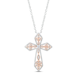 Diamond Cross Necklace 1/8 ct tw Round-cut Sterling Silver & 10K Rose Gold 18"
