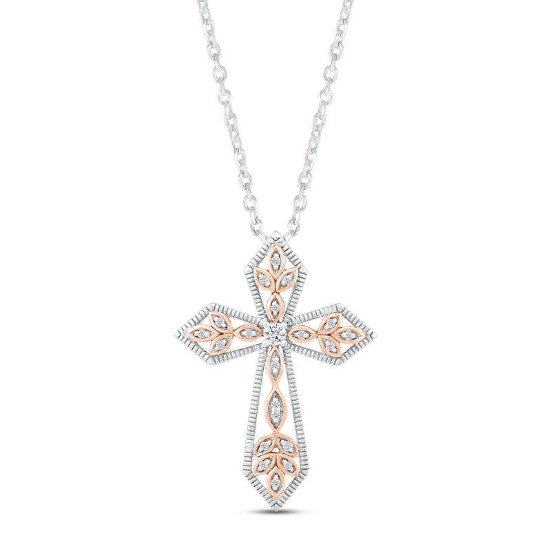 Main Image 1 of Diamond Cross Necklace 1/8 ct tw Round-cut Sterling Silver & 10K Rose Gold 18&quot;