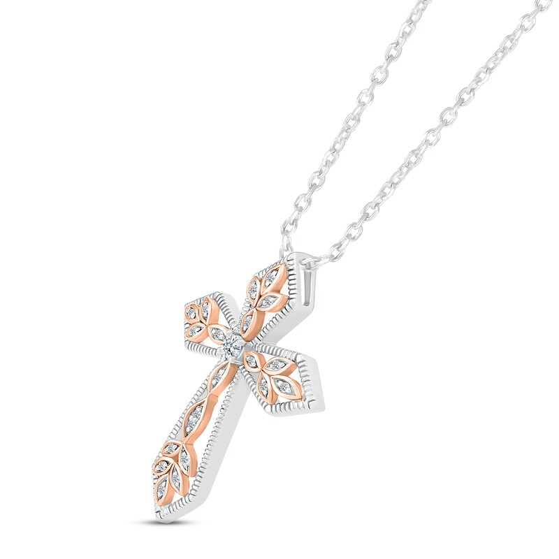 Main Image 2 of Diamond Cross Necklace 1/8 ct tw Round-cut Sterling Silver & 10K Rose Gold 18&quot;