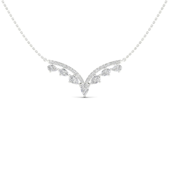 Diamond V Necklace 1-1/2 ct tw Pear & Round-cut 14K White Gold 18"