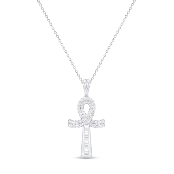 Diamond Ankh Necklace 1/3 ct tw Round & Baguette-cut 10K White Gold 18"